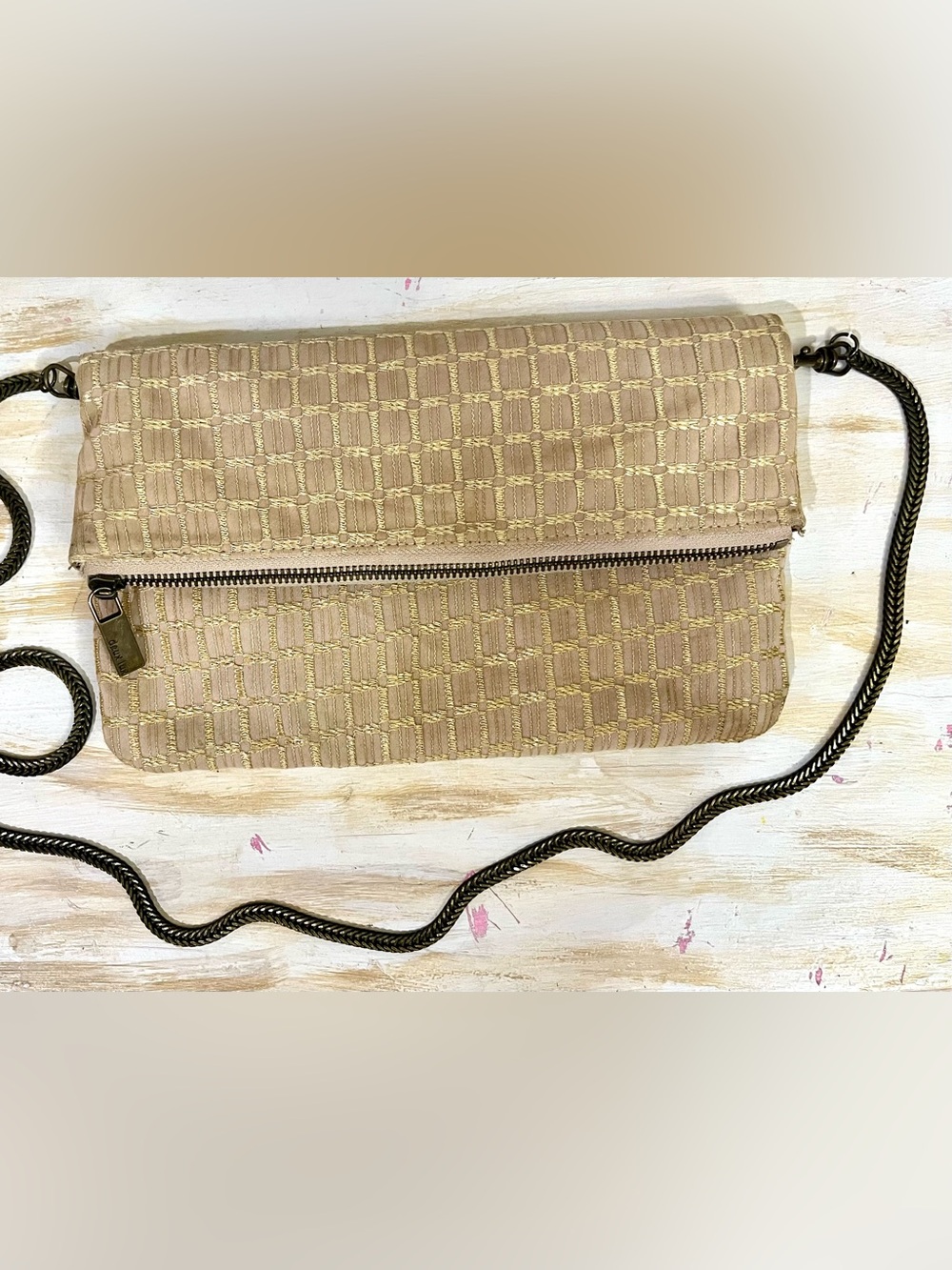 Vintage gold woven textured clutch purse from Deux Lux